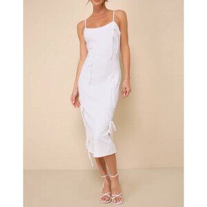 Lulus Adorable Trend White Ribbed Knit Sleeveless Bow Midi Dress Sz Medium Women